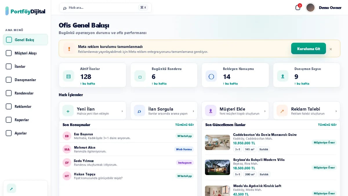 Office overview screen with fake operation metrics, quick actions and an integration notice.