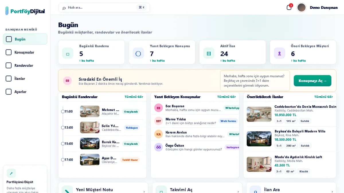 Advisor today screen with fake appointments, conversations and recommendable listings.